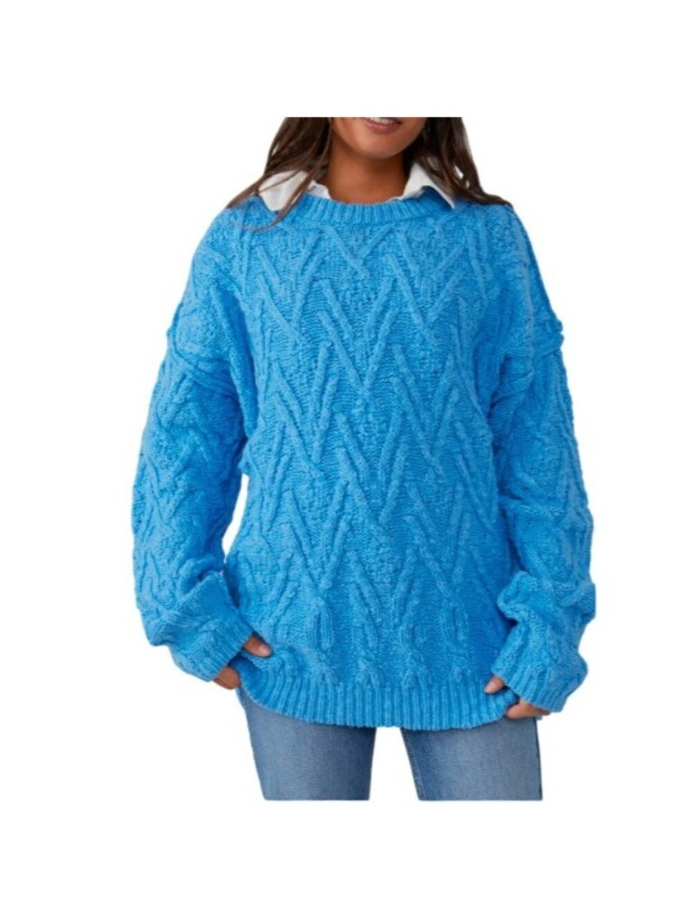 Free People Isla Cable Stitch Knit Sweater Women's Small Blue Crewneck Pullover